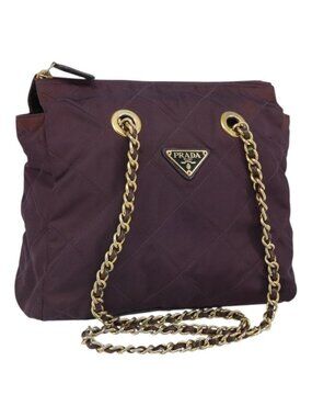 Authentic PRADA Chain Quilted Shoulder Bag Nylon Purple Gold